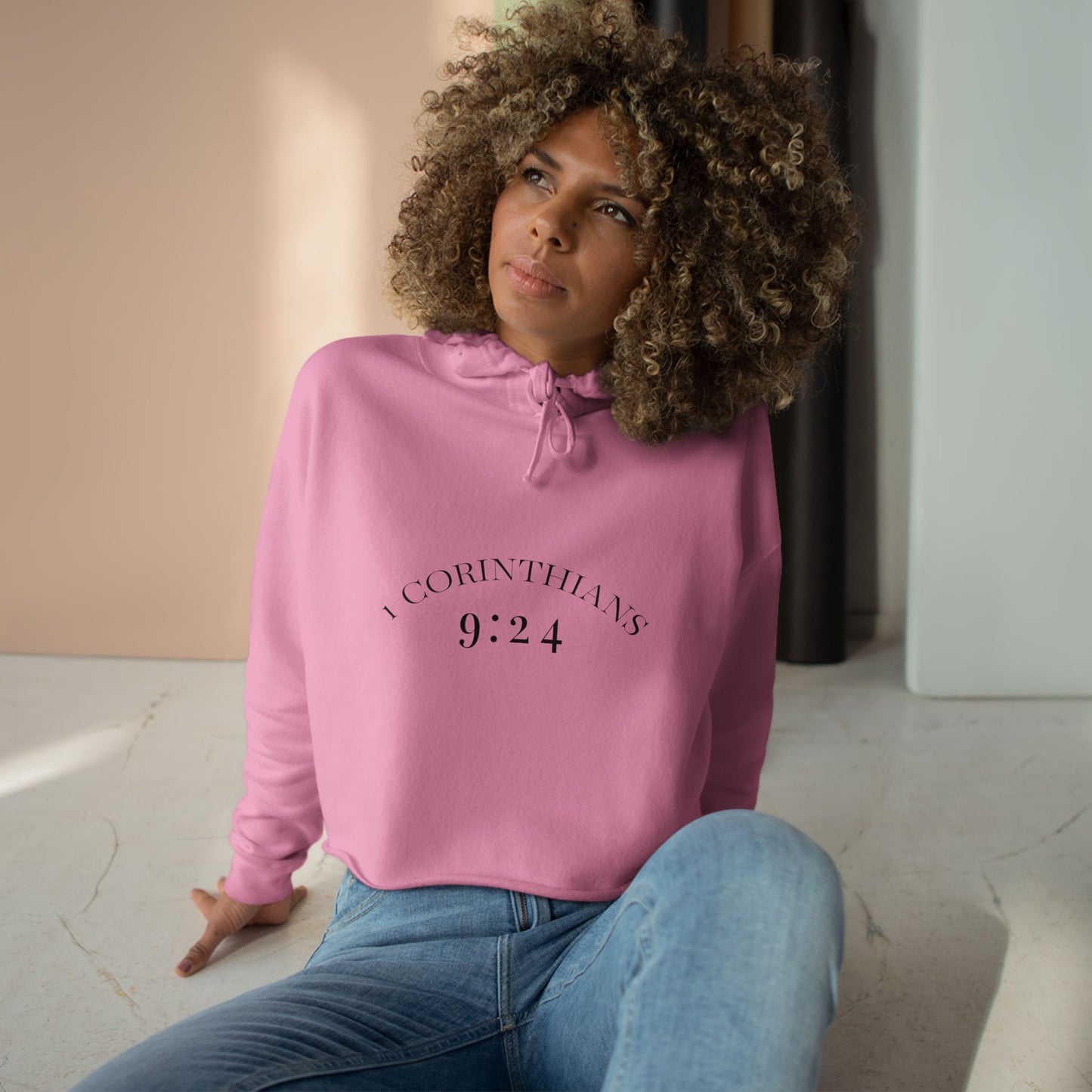Crop Hoodie — 1 Corinthians 9:24 ‘Run to Win’ Minimal Christian Crop Hoodie