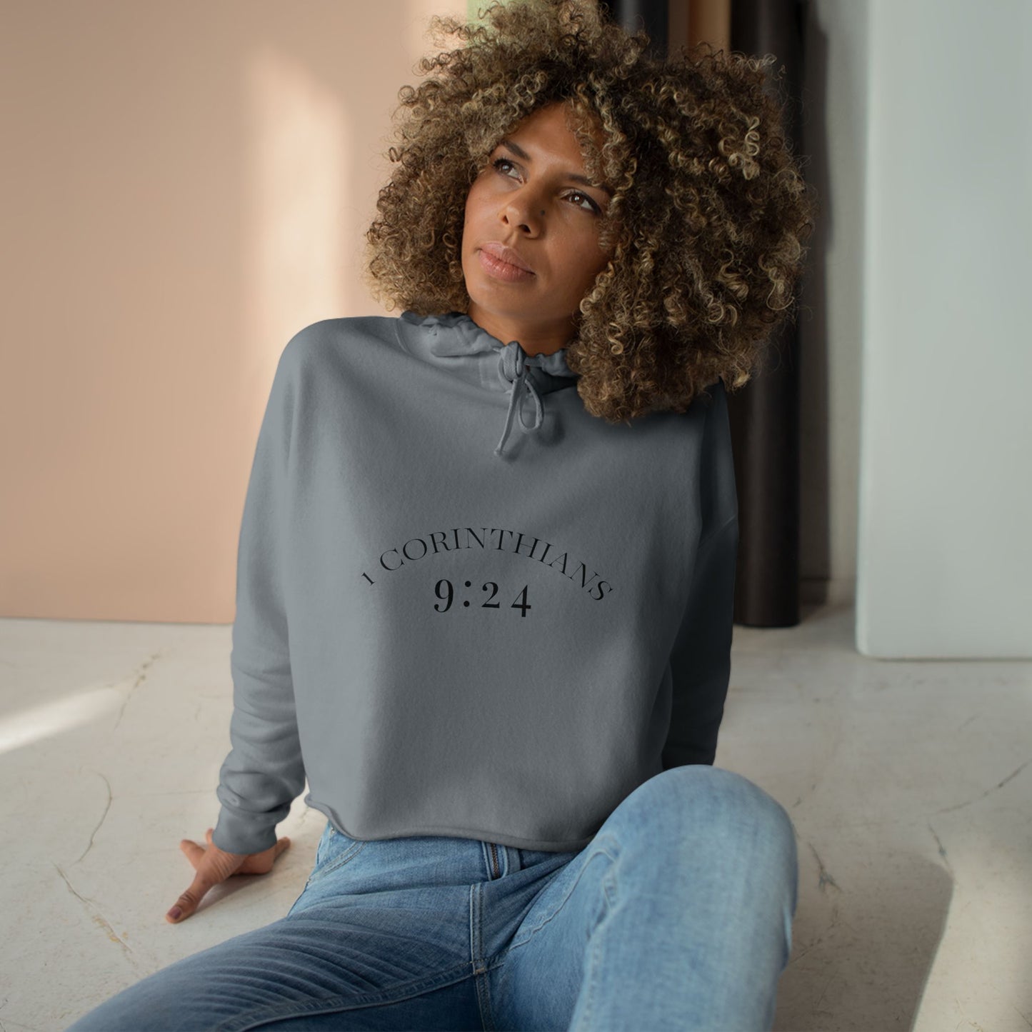 Crop Hoodie — 1 Corinthians 9:24 ‘Run to Win’ Minimal Christian Crop Hoodie