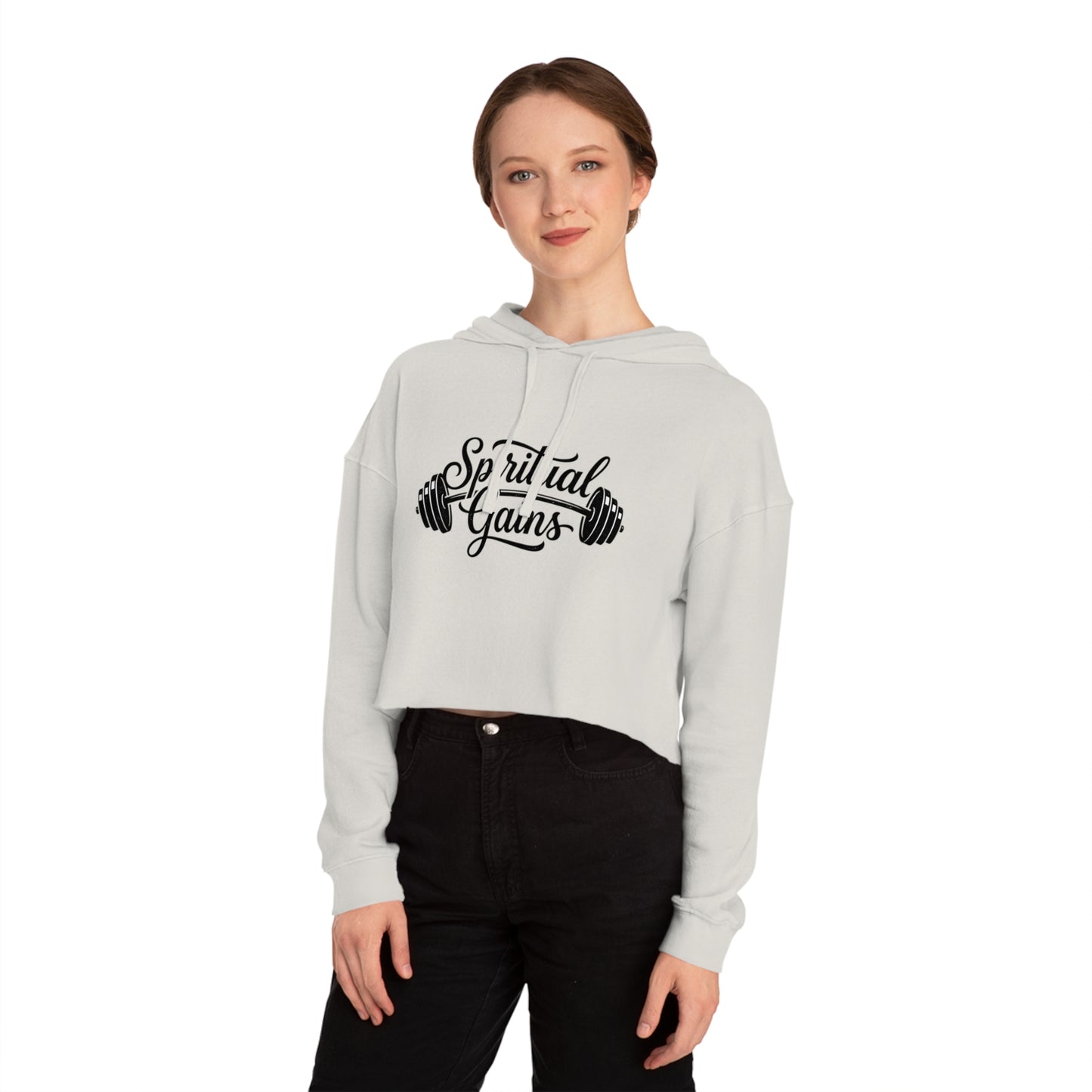 Spiritual Gains Cropped Hoodie — Women’s Gym & Faith Graphic Sweatshirt