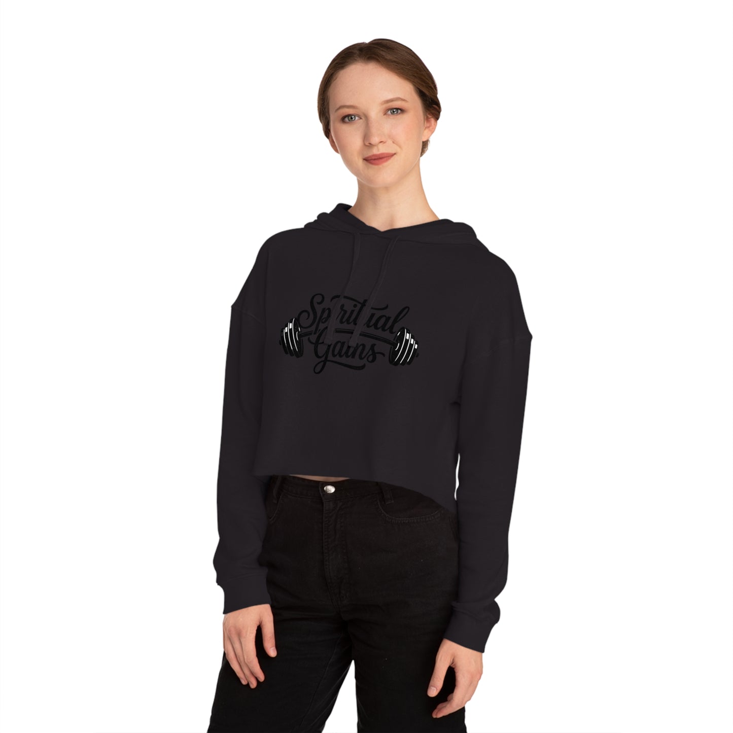 Spiritual Gains Cropped Hoodie — Women’s Gym & Faith Graphic Sweatshirt