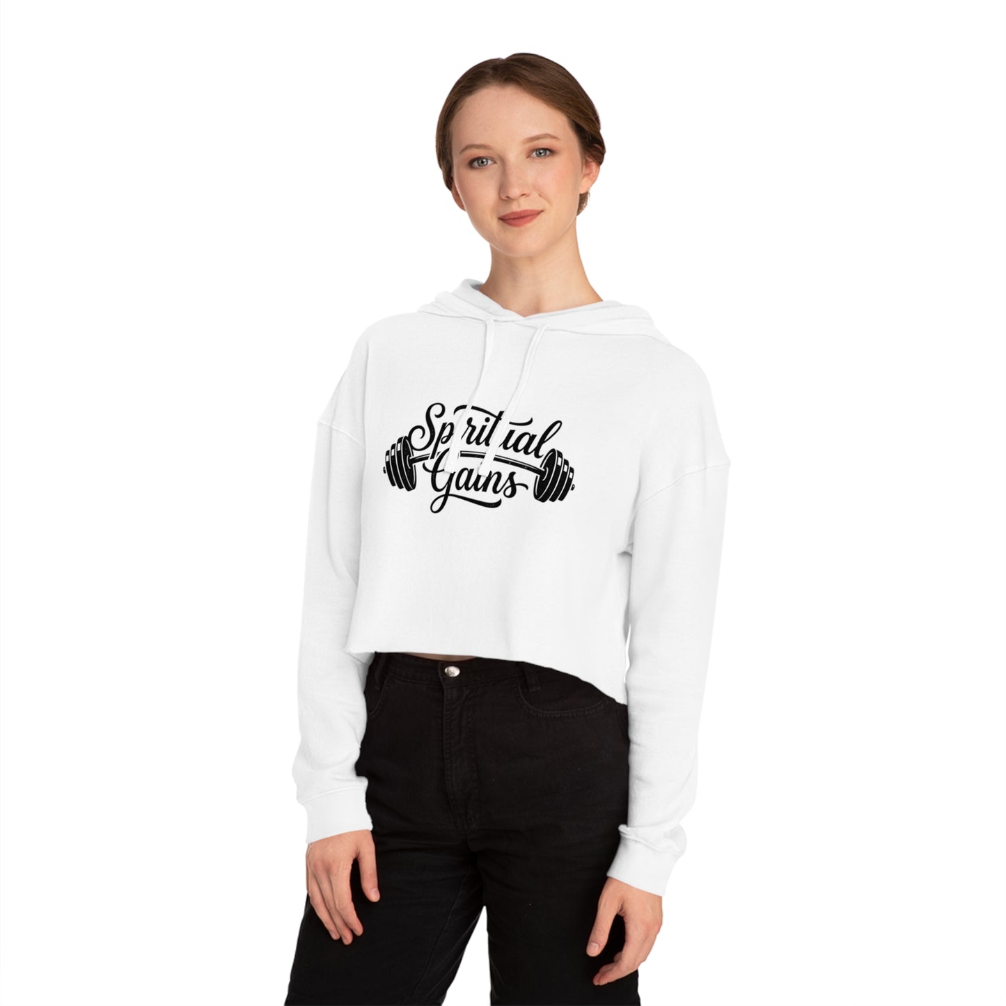 Spiritual Gains Cropped Hoodie — Women’s Gym & Faith Graphic Sweatshirt