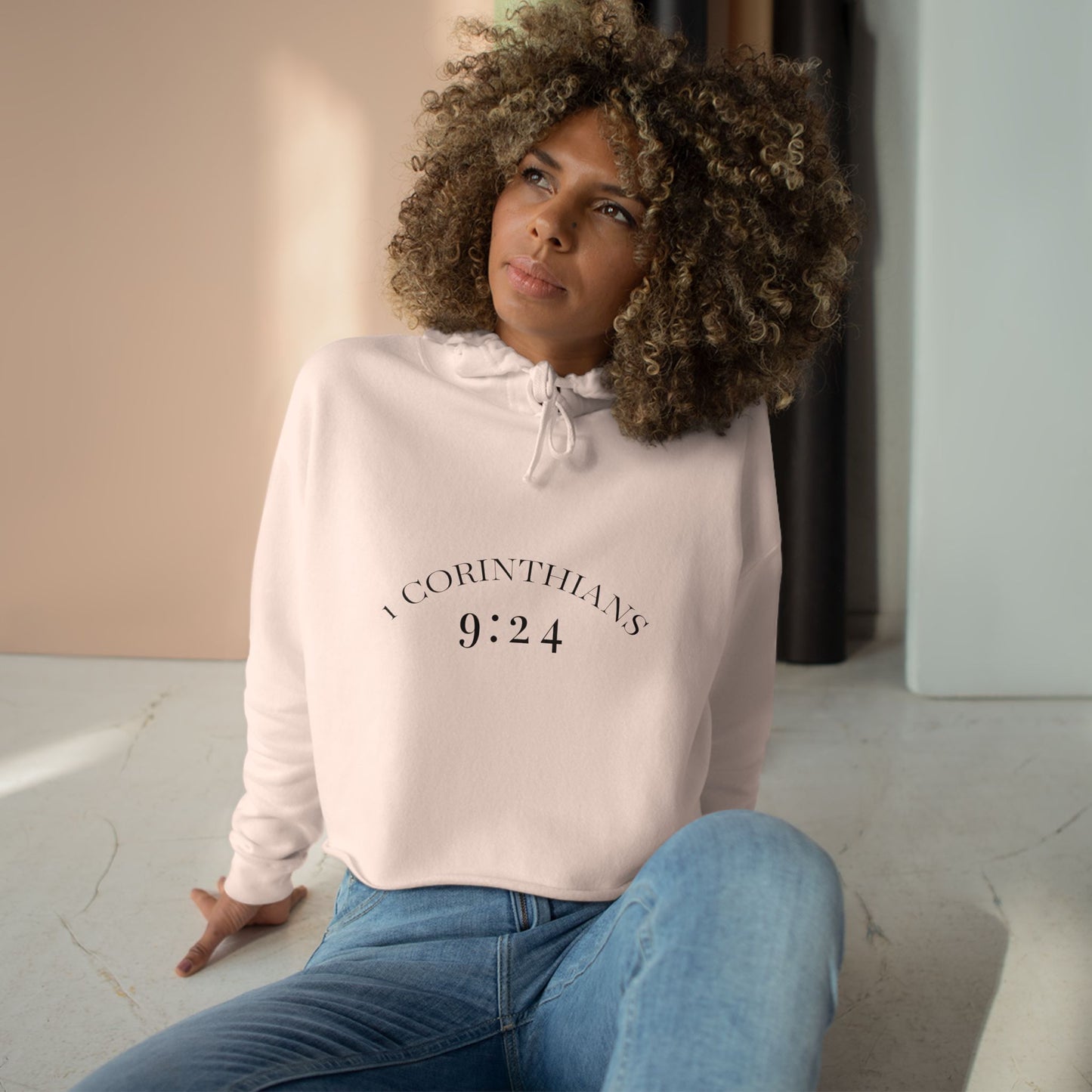 Crop Hoodie — 1 Corinthians 9:24 ‘Run to Win’ Minimal Christian Crop Hoodie