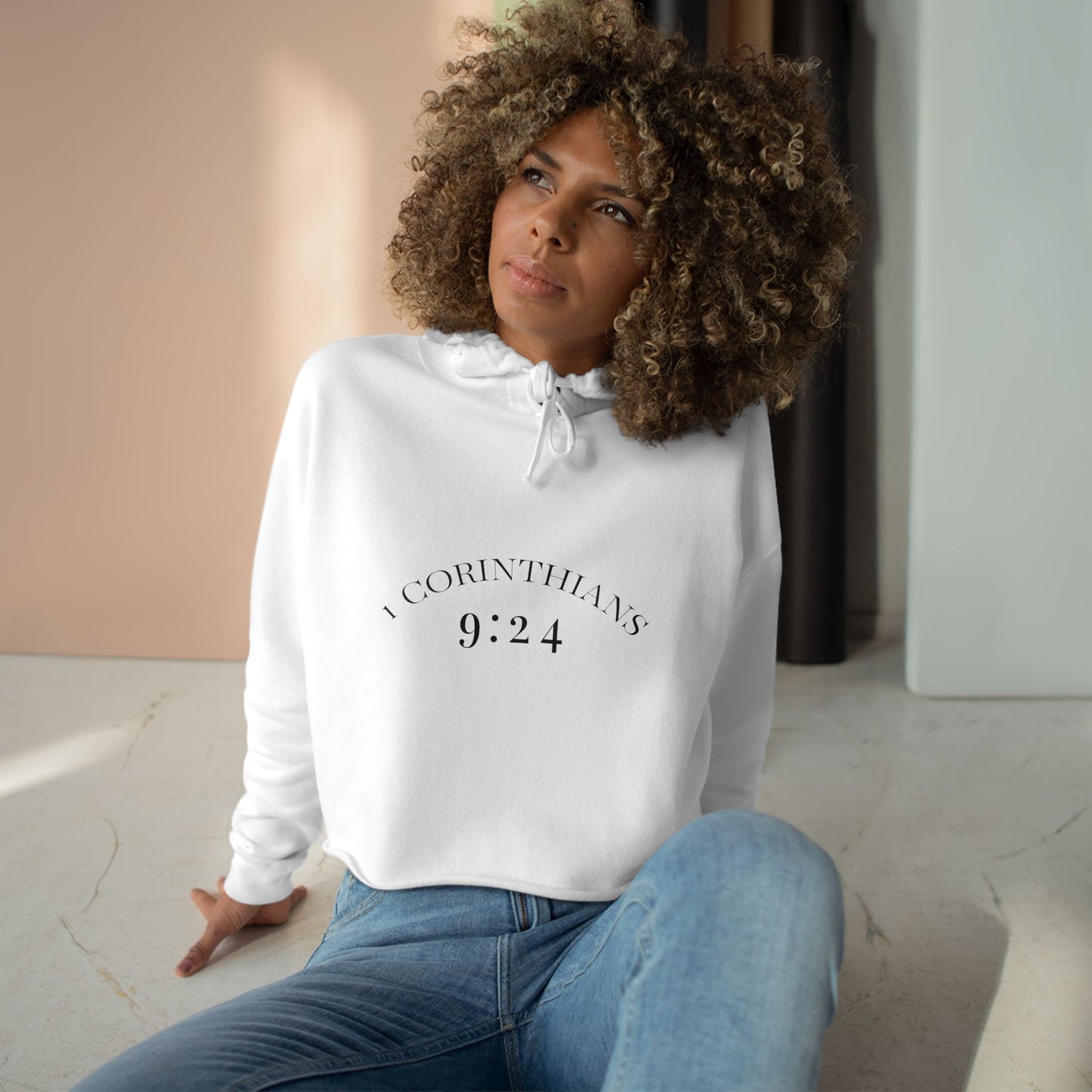 Crop Hoodie — 1 Corinthians 9:24 ‘Run to Win’ Minimal Christian Crop Hoodie